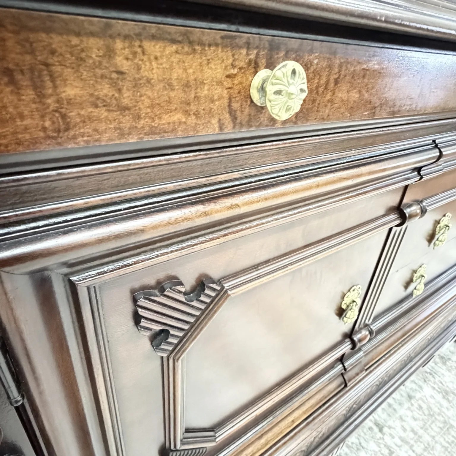 Rockford buffet carving and original brass hardware detail